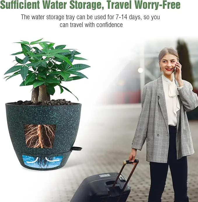 12 inch Large Self Watering Pots, Plastic Planters with 60oZ Removable Deep Reservoir and Multi Mesh Drainage Holes for Indoor Outdoor Garden Plants and Flowers, Black with Green Speckles by GreenHaven Gardens