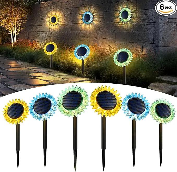 Solar Outdoor Garden Lights, 6 Pack Sunflower LED Ground&Wall 2-in-1 IP67 Waterproof Decorative Light for Yard Landscape Pathway Patio Walkway Backyard Decor (Warm White) by GreenHaven Gardens