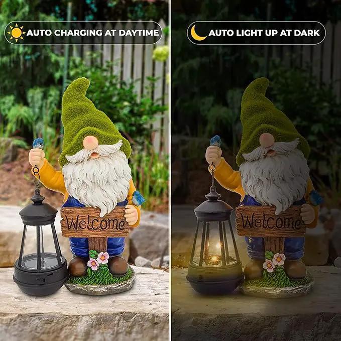 Garden Gnomes Outdoor - Flocked Gnome Statue Holding Lantern with Solar LED Lights | Gnomes Garden Decorations for Patio, Yard, Lawn Ornaments - Gnome Gifts by GreenHaven Gardens