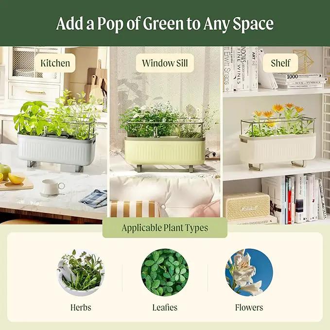 Vego Garden 2 Pack Herb Indoor Planter Box, Self Watering Pots with Trellis for Kitchen Window Sill or Countertop Plants Cage - Cream White by GreenHaven Gardens