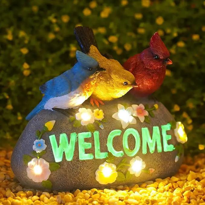 Solar Birds Welcome Sign - Outdoor Bird Decor with Solar LED Lights - Elegant and Charming Figurines for Women, Moms & Garden Enthusiasts by GreenHaven Gardens