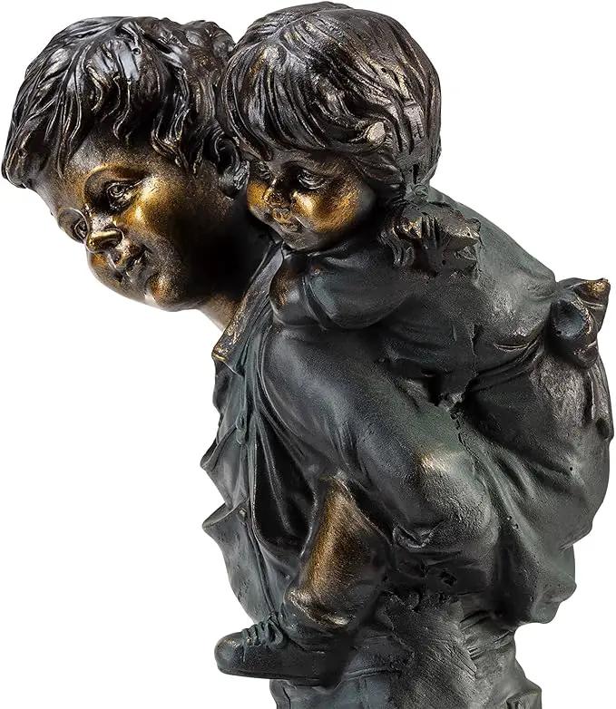 Alpine Corporation 16" Tall Indoor/Outdoor Patina Finish Piggyback Kids Yard Statue Decoration by GreenHaven Gardens
