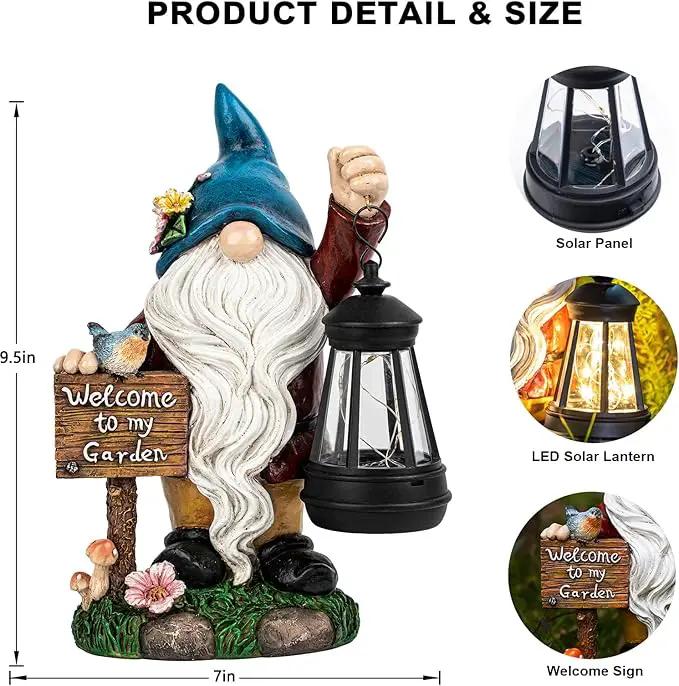 Garden Gnome Statues Figurine Lights - Solar Powered Lighting Outdoor Decorations with Lantern & Welcome Sign, Yard Art Lawn Ornaments for Porch Patio Balcony - Gnome Gifts for Women Mom by GreenHaven Gardens
