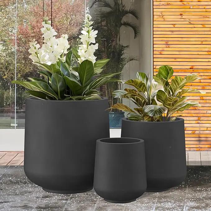 Kante 15.3"+11.6"+8.2" Dia Round Concrete Planter, Large Outdoor Indoor Planter Pots with Drainage Holes and Rubber Plug for Home Garden Patio, Black by GreenHaven Gardens