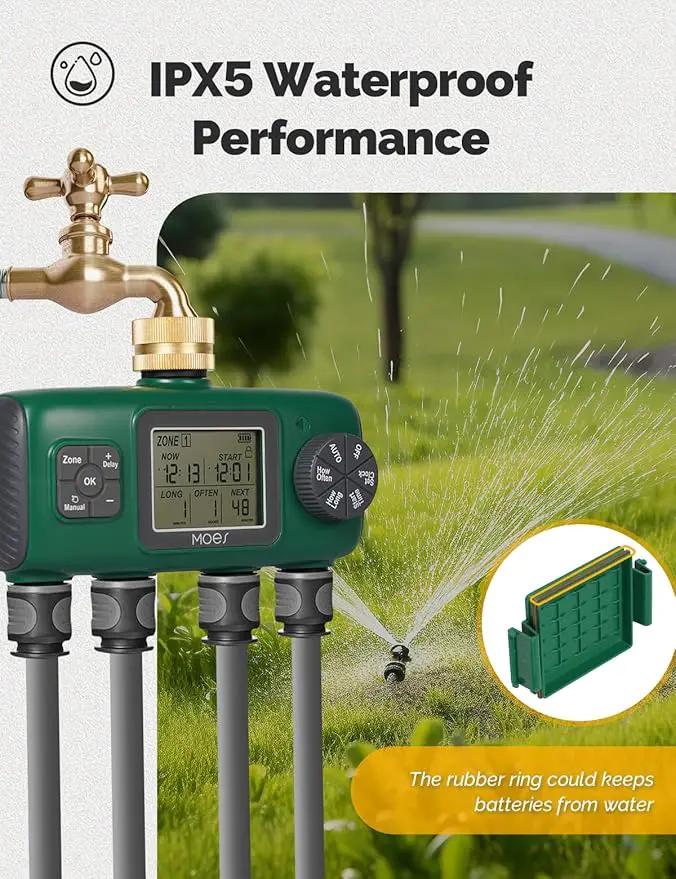 MOES 4 Outlet Sprinkler Timer, Brass Inlet, Programmable Automatic Irrigation Controller, Rain Delay, Manual Watering, 4 Zone Water Hose Timer for Gardens, Lawns, and Hose Systems by GreenHaven Gardens