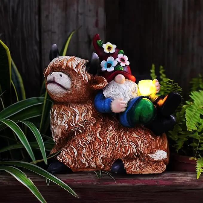 Garden Gnomes Decor Outdoor Statues Gnome on Highland Cow Hold Solar Cup Light Outdoor Decorations for Patio,Yard and Gift for Mom by GreenHaven Gardens