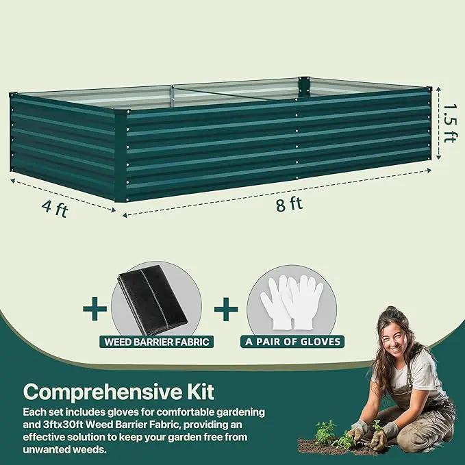 Raised Garden Bed 8×4×1.5FT, Galvanized Raised Garden Beds Outdoor for Vegetables Flowers Herbs, Steel Large Deep Root Planter Box, Tall Raised Garden Bed Kit with 3ftx30ft Weed Barrier Fabric, Green by GreenHaven Gardens