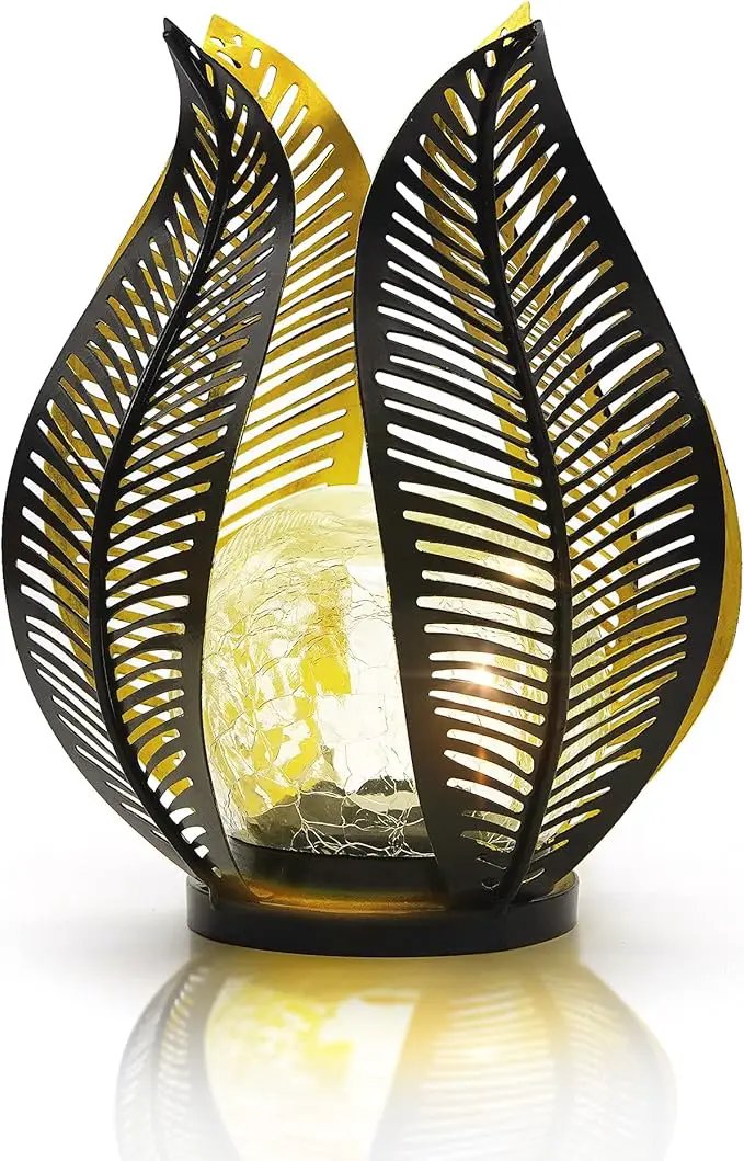 Solar Garden Lights Waterproof Decorations,Crackle Globe Glass,Metal Palm Leaf Solar Lights for Outdoor Decor On Garden,Patio,Yard,Front Porch,Tabletop Lamp-Perfect Gifts by GreenHaven Gardens