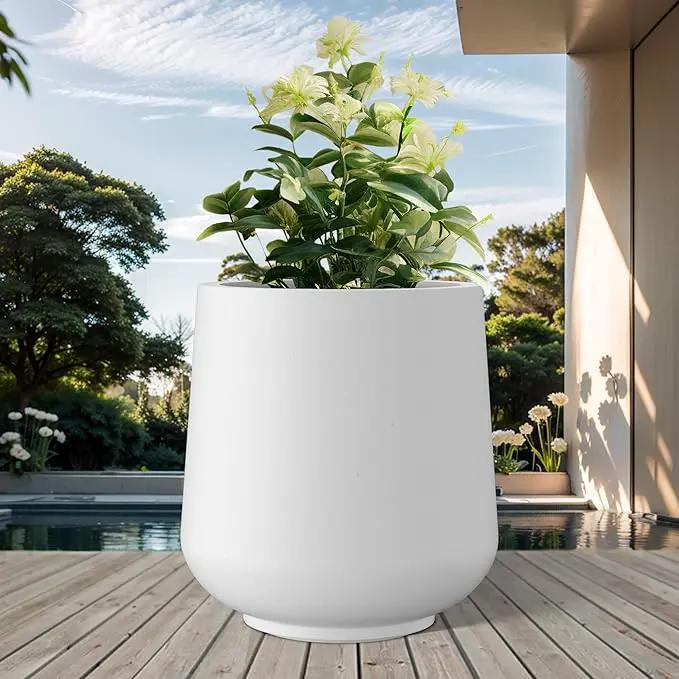 Kante 11.6" Dia Round Concrete Planter, Outdoor Indoor Large Plant Pots Containers with Drainage Hole and Rubber Plug for Home Garden Patio, Pure White by GreenHaven Gardens