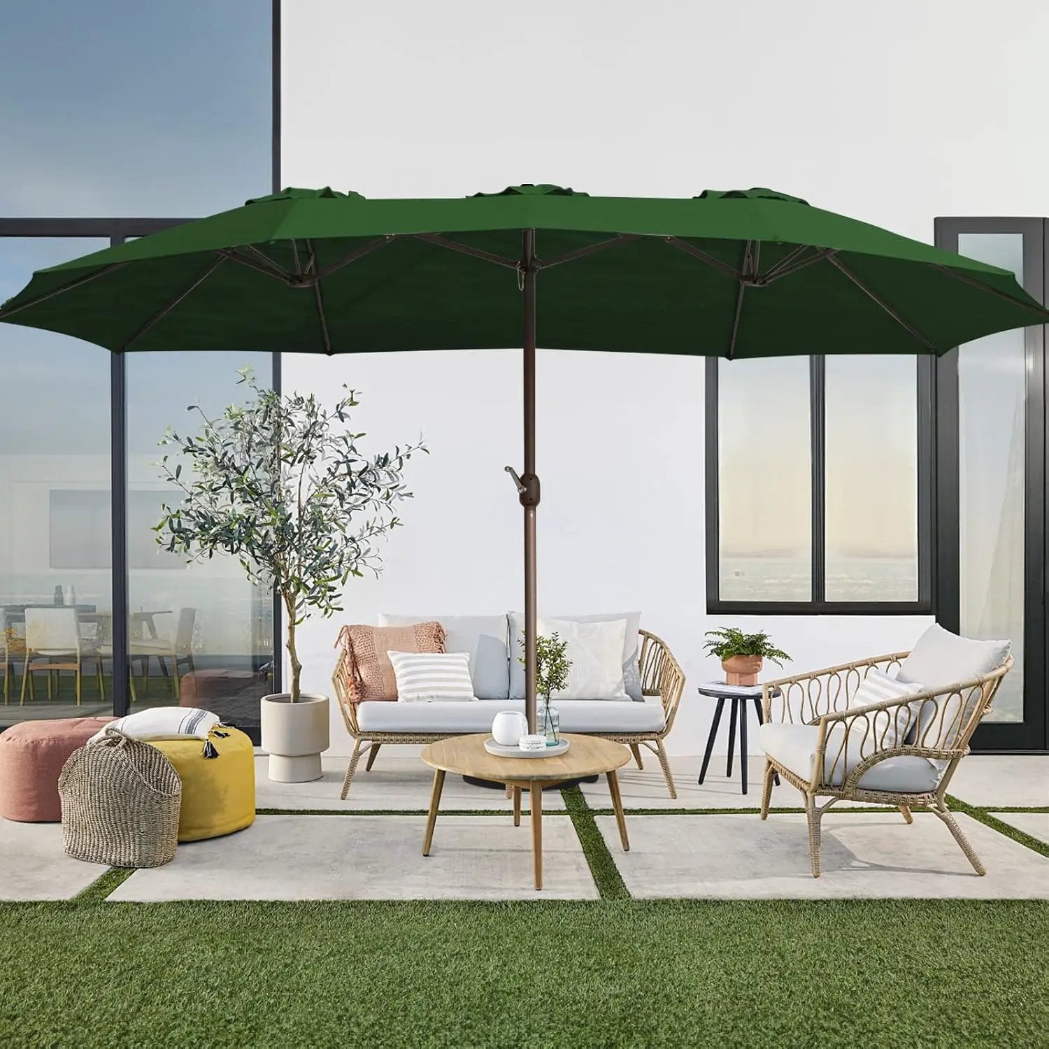 JEAREY 15FT Patio Umbrella Large Outdoor Umbrella Extra Double-Sided Market Umbrella with Crank Handle for Garden, Deck, Backyard and Pool, Dark Green by GreenHaven Gardens