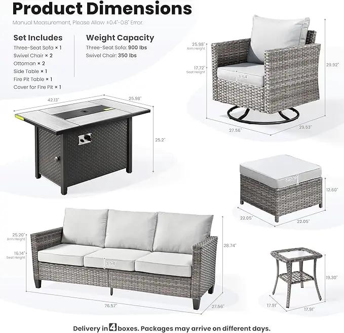 ovios 7 Pieces Patio Furniture Set with 42" Fire Pit Table, Outdoor Wicker Sofa with Swivel Chairs, All Weather High Back Rattan Couch Conversation Set, Grey by GreenHaven Gardens