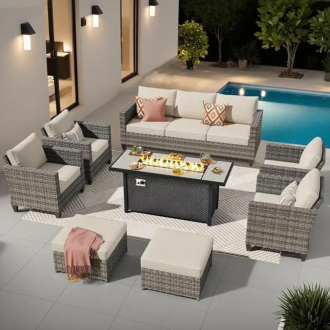 ovios 8 Pieces Patio Furniture Set with 54" Fire Pit Table, Outdoor Wicker Sofa with Comfy Cushions, All Weather High Back Rattan Couch Conversation Set, Beige by GreenHaven Gardens