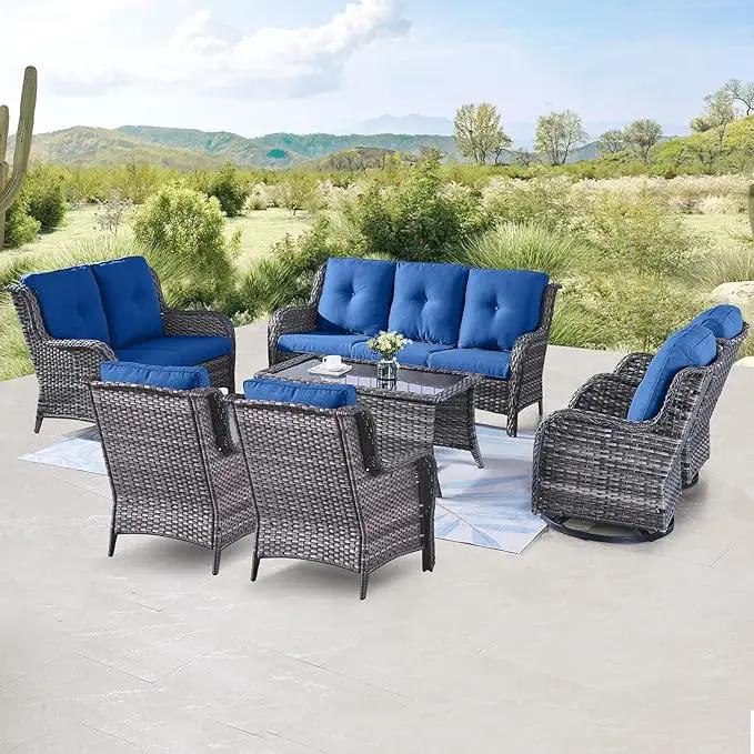 Outdoor Wicker Furniture Patio Set - 7 Piece Backyard Furniture Grey Rattan Conversation Sets with Swivel Rocker Chairs, Rattan Sofa, Club Chairs and Coffee Table, Blue Cushion by GreenHaven Gardens