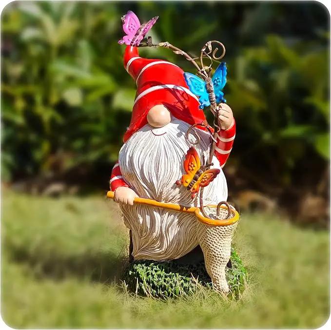 Solar Powered Gnome Garden Statue with Iron Butterflies - LED Lighted Garden Decorations, Resin Gnome with Butterfly Net, Gifts for Women and Men，Outdoor Decor Ornaments for Outside by GreenHaven Gardens