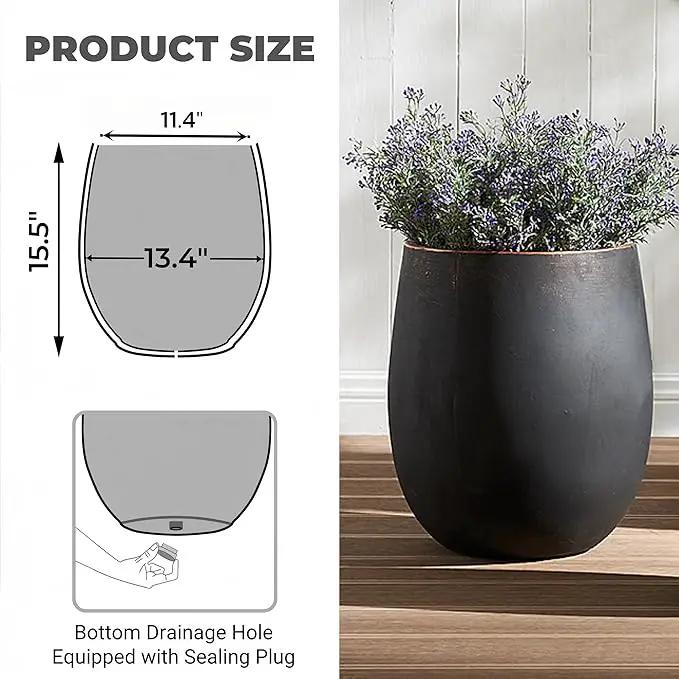 15.5" H Outdoor Concrete Planter, Round Flower Pot with Drainage Hole and Silicone Plug, Plant Container for Garden, Patio, Home, Office, Black, Copper Rim, 1 Pack by GreenHaven Gardens