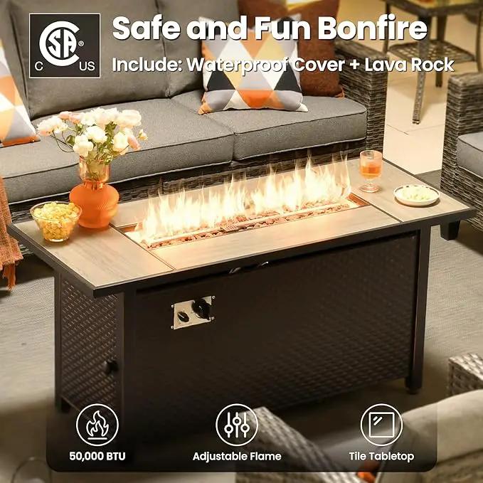 ovios 6 Pieces Patio Furniture Set with 54" Fire Pit Table, Outdoor Wicker Sofa with Comfy Cushions, All Weather High Back Rattan Couch Conversation Set, Dark Grey by GreenHaven Gardens