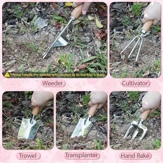 LeMotech Garden Tools Set, 10-Piece Heavy Duty Garden Hand Tools Kit with Wooden Handle, Durable Organizer Bag for Garden Supplies, Gardening Gifts for Women Grandmother, Pink Floral Pattern by GreenHaven Gardens