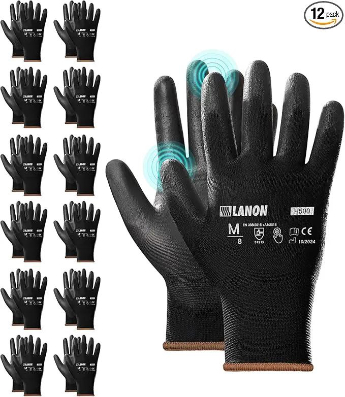 LANON 12 Pairs Safety Work Gloves, Mechanic Working Gloves for Men, PU Coated, Seamless Knit, Lightweight, Black, XL by GreenHaven Gardens