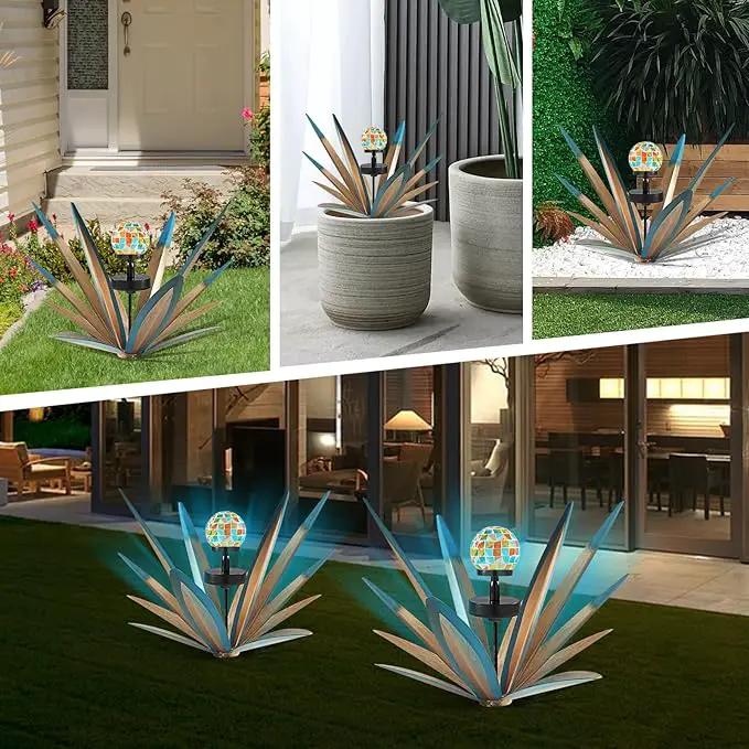 Enlarge Metal Plants Tequila Rustic Sculpture, Outdoor Patio Yard, Home Decor Hand Painted Agave Garden Statue, Outdoor Lawn Ornaments Yard Stakes for Mom Gift (1 Solar Blue) by GreenHaven Gardens