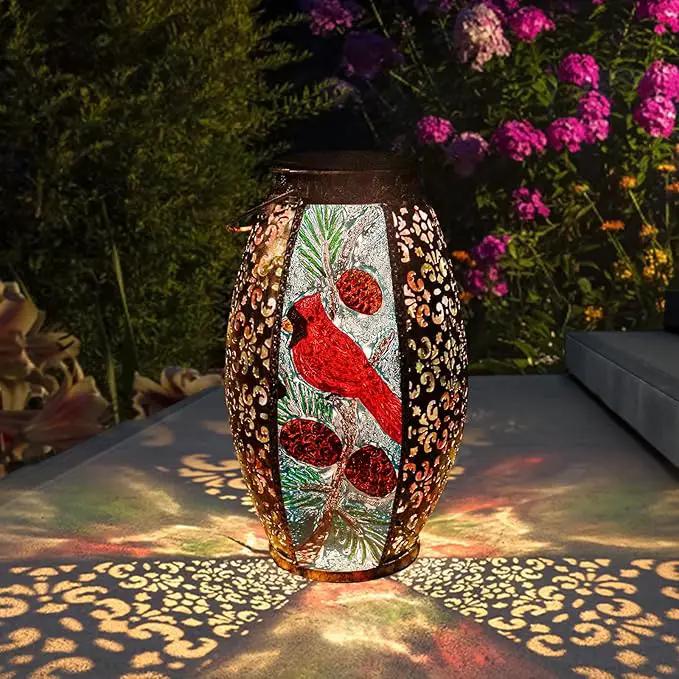 Solar Lanterns Outdoor Hanging Light - Cardinal Solar Powered LED Glass Lights Decorative Waterproof Tabletop Lamp with Hollowed-Out Design for Yard Table Patio Garden Pathway Holiday by GreenHaven Gardens