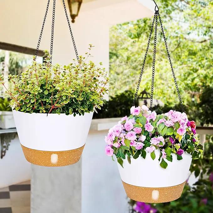 QCQHDU 2 Pack Hanging Planters for Indoor Outdoor Plants, 8 Inch Hanging Baskets Flower Pots with Reservoir Tray & Visible Water-Level by GreenHaven Gardens