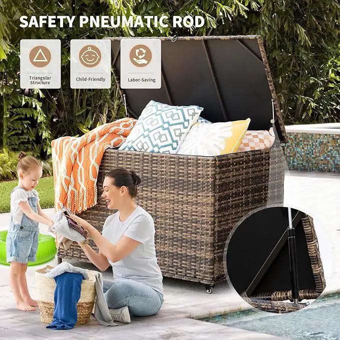 178 Gallon Outdoor Storage Box, Handle Large Portable Wicker Rattan Deck Box for Patio Furniture Cushions, Patio Deck Box with 2 WheelsThrow Pillows, Garden Tools and Pool Floats (Brown) by GreenHaven Gardens