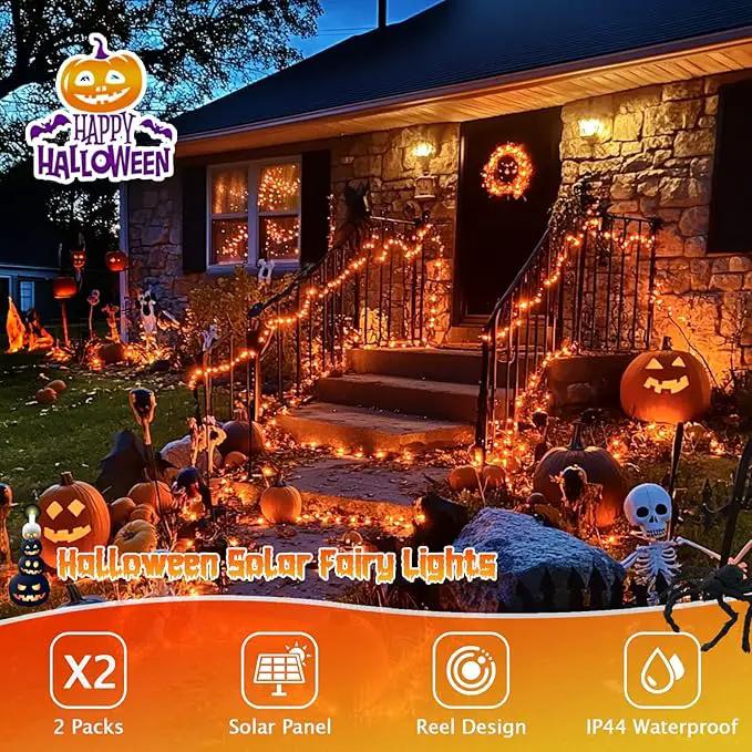 JMEXSUSS 2 Pack Orange Solar Halloween Lights, 66ft 200 LED Solar Fairy Lights Outdoor, Waterproof Solar String Lights for Tree Patio Garden Halloween Thanksgiving Decorations by GreenHaven Gardens