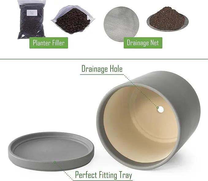 D'vine Dev 8 Inch Ceramic Planter Pot with Drainage Hole and Saucer, Indoor Cylinder Round Planter Pot, Grey, 94-O-D-3 by GreenHaven Gardens