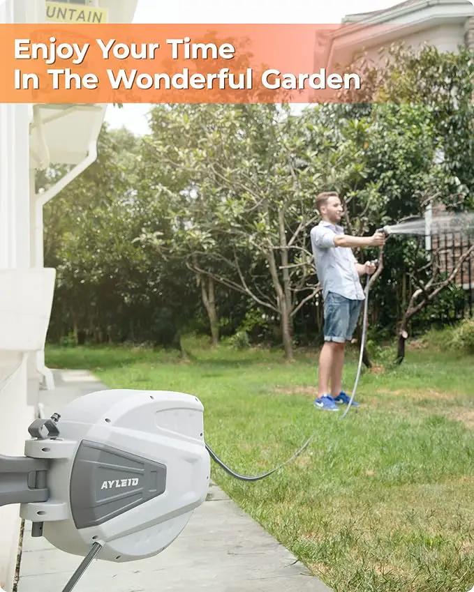 Ayleid Retractable Garden Hose Reel,1/2 in x 65 ft Wall Mounted Hose Reel, with 9- Function Sprayer Nozzle, Any Length Lock/Slow Return System/Wall Mounted/180°Swivel Bracket (Grey) by GreenHaven Gardens