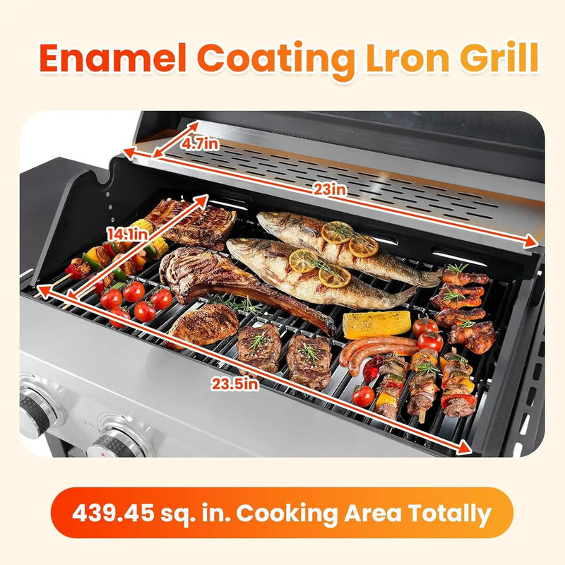 4-Burner Propane Gas BBQ Grill with Side Burner, Porcelain-Enameled Cast Iron Grates and Side Tables, 46,790 BTU Stainless Steel Grill for Outdoor Camping Barbecue Grilling Backyard Cooking by GreenHaven Gardens