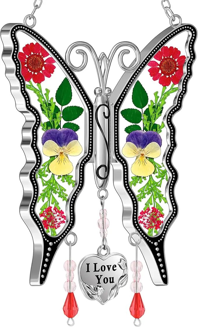 KY&BOSAM Butterfly Suncatcher I Love You Gifts for Mom for Windows Hangings Wind Chimes Pressed Flower Between Wings with Metal Heart Charm Birthday Gifts for Women Mother's Day Valentine's Christmas by GreenHaven Gardens