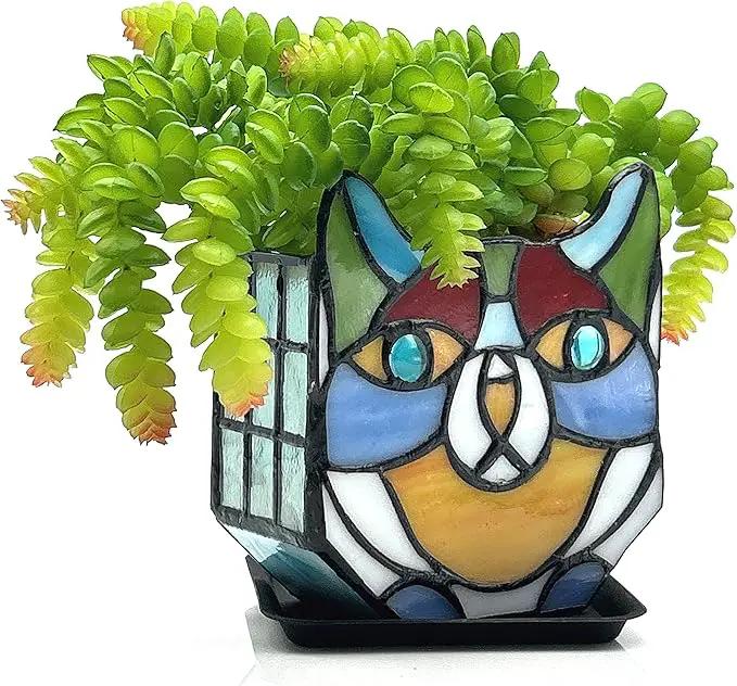 Tiffany Stained Glass Cat Planter,Indoor and Outdoor Plant Displays,Succulent Cat Pot,Plant Gifts for Women,4.6x5.15x2.3 in (Without Succulents) by GreenHaven Gardens