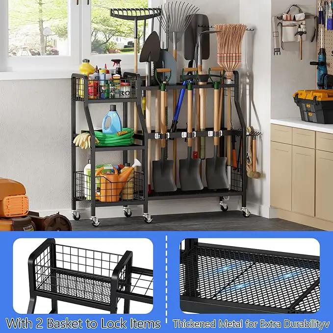 keomaisyto Garden Tool Organizer with 6 Wheels(3 lockable), Heavy Duty Yard Tool organizer with 2 Basket, Large Metal Garage Tool Organization and Storage for Garage/Shed/Yard/Broom Closet/Lawn by GreenHaven Gardens