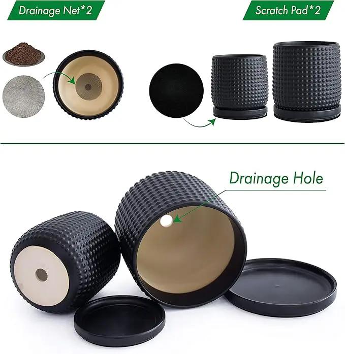 D'vine Dev 6 Inch 4 Inch Ceramic Indoor Planter Pots with Drainage Hole and Saucer, Beaded Design Flower Pots, Set of 2, Matte Black, 27-D-U-6 by GreenHaven Gardens