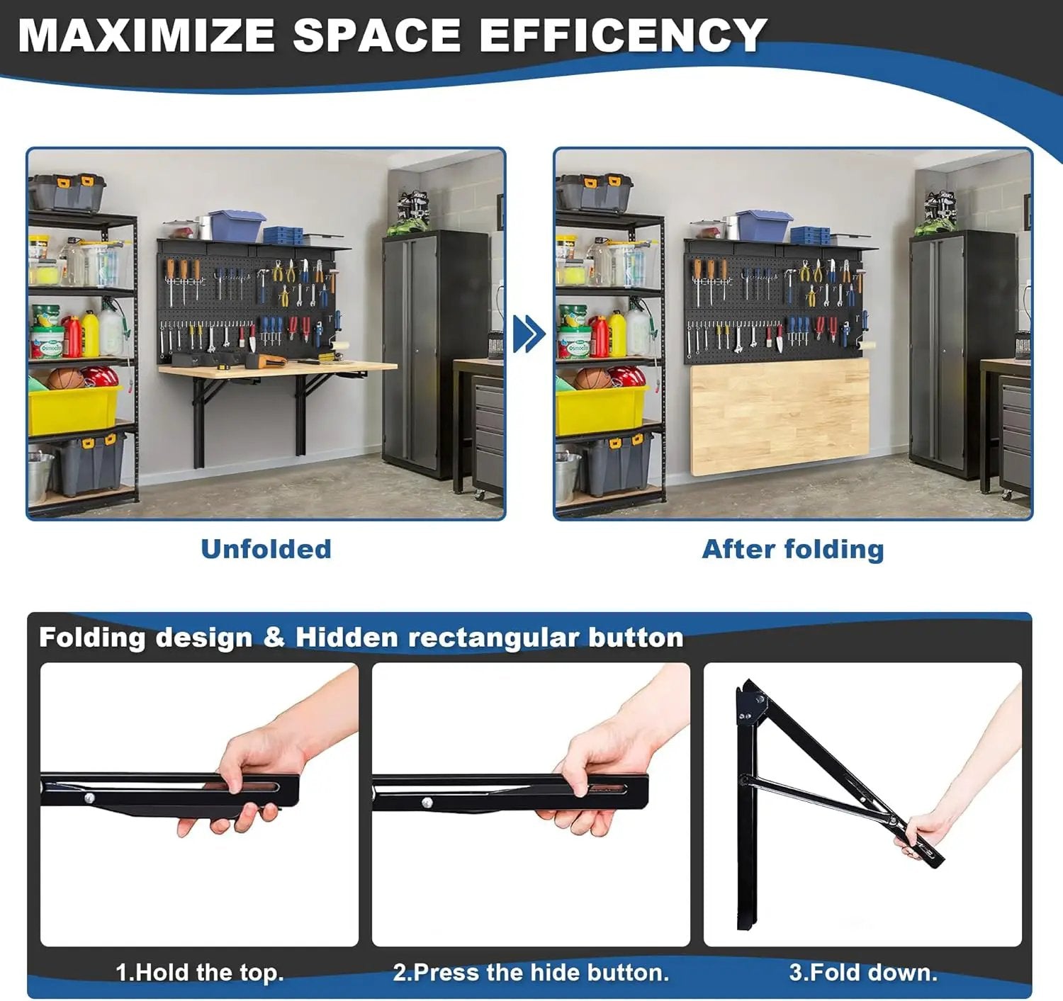 Ultrawall Wall Mounted Workbench with Pegboard, Folding Down Work Table Metal Pegboard Wall Organizer for Garage, Workshop, 48”X24” by GreenHaven Gardens