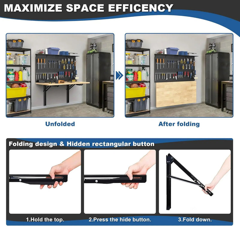 Ultrawall Wall Mounted Workbench with Pegboard, Folding Down Work Table Metal Pegboard Wall Organizer for Garage, Workshop, 48”X24” by GreenHaven Gardens