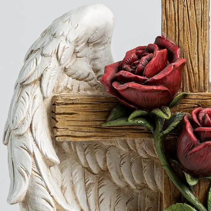 12" Angel Wings Embracing Cross and Rose Garden Statue Memorial Statue for Beloved one by GreenHaven Gardens