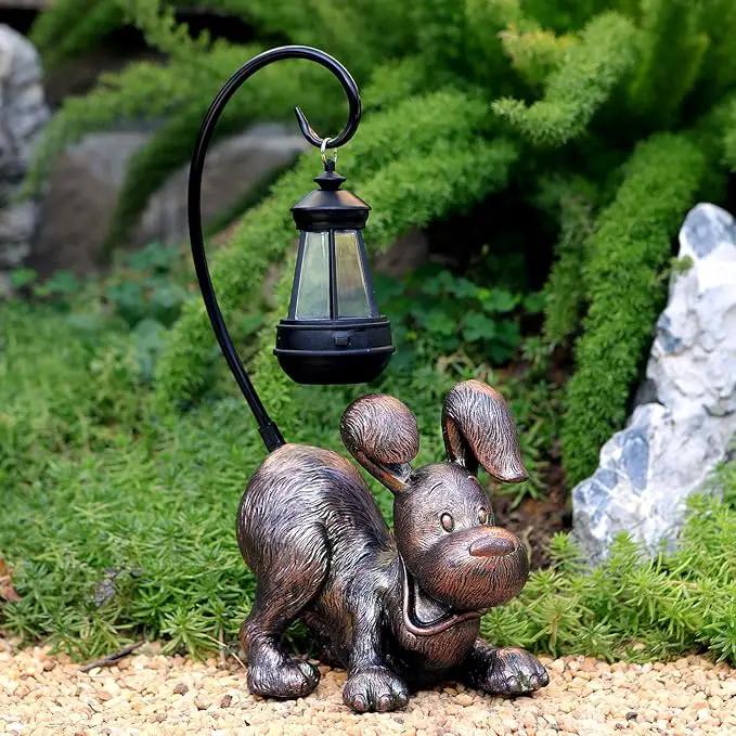 Laughing Dog Figurine with Solar-Powered LED Light 15.9 Inches Tall Antique Bronze, Perfect for Gift Garden Decor or Housewarming for Dog Lovers by GreenHaven Gardens