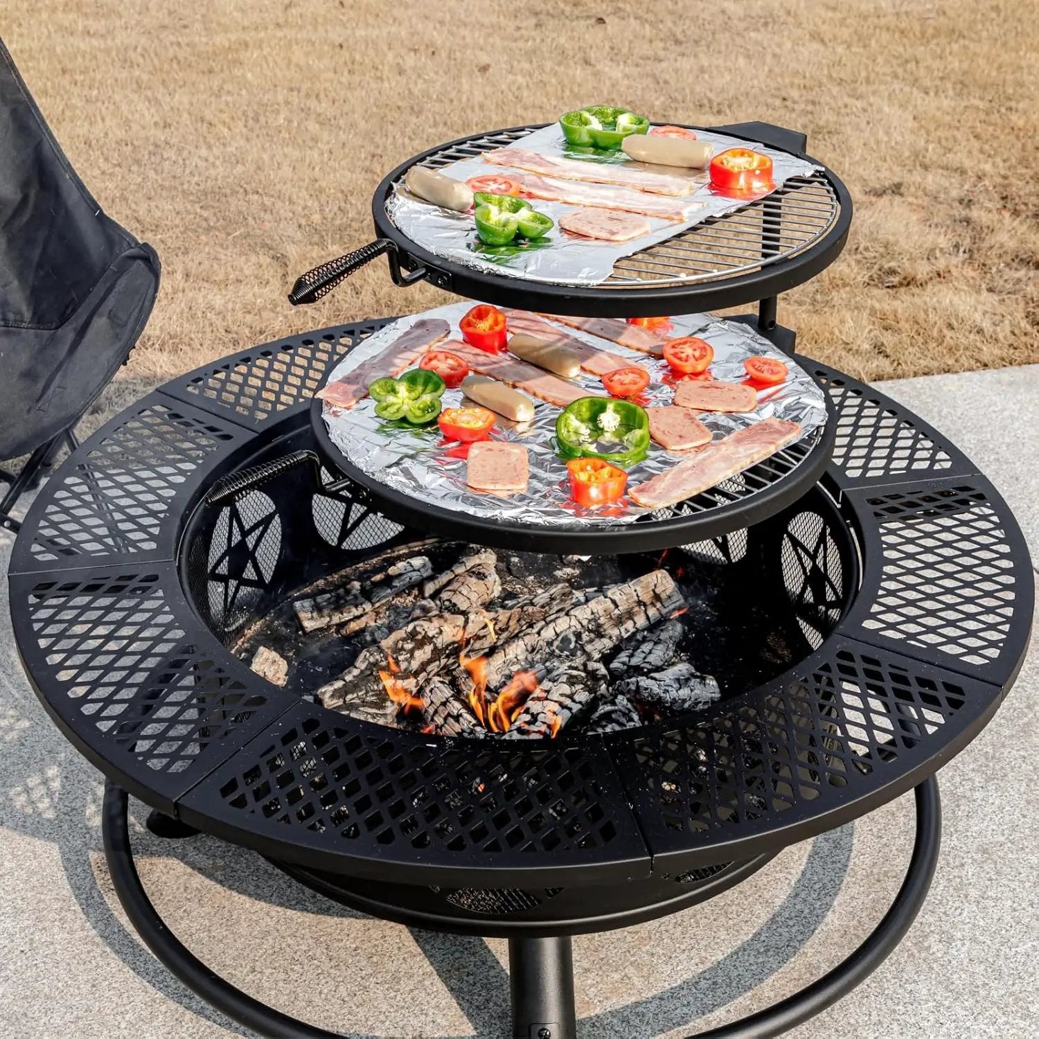 42 Inch Fire Pit with 2 Grills, Extra Large Wood Burning Fire Pits for Outside with Lid & Poker, Heavy Duty Firepit,BBQ& Outdoor Fire Pit & Round Metal Table 3 in 1 for Patio, Picnic, Party by GreenHaven Gardens