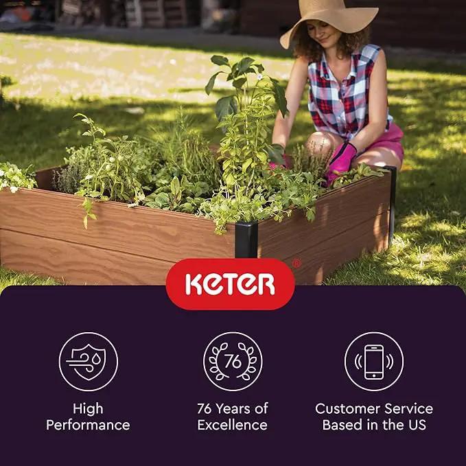 Keter 48" X 48" inches Wood Look Raised Garden Bed, Durable Outdoor Herb Garden Planter for Vegetables, Flowers, and Succulents, Brown by GreenHaven Gardens