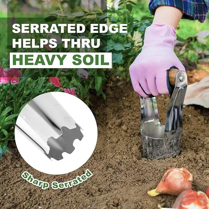 Haliaeetus Bulb Planter Tool, 4 inches Depth Mark Hand Bulb Planter, Non-Bending Stainless Steel Bulb Planter Digger, Garden Bulb Transplanter with Comfortable Wood Handle for Planting Tulip, Daffodil by GreenHaven Gardens