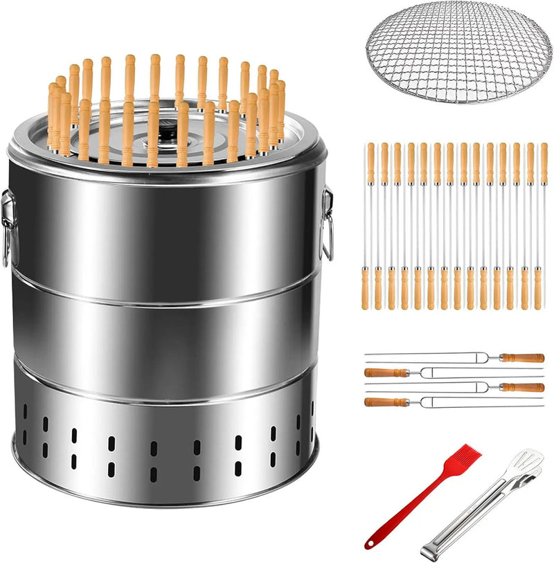 Stainless Steel Smokeless Barbecue Surround Charcoal Grill, Portable kebabs Charcoal Grill with Grilling Accessories Set, Diameter 15.4 inch/28 Kabob Skewer by GreenHaven Gardens