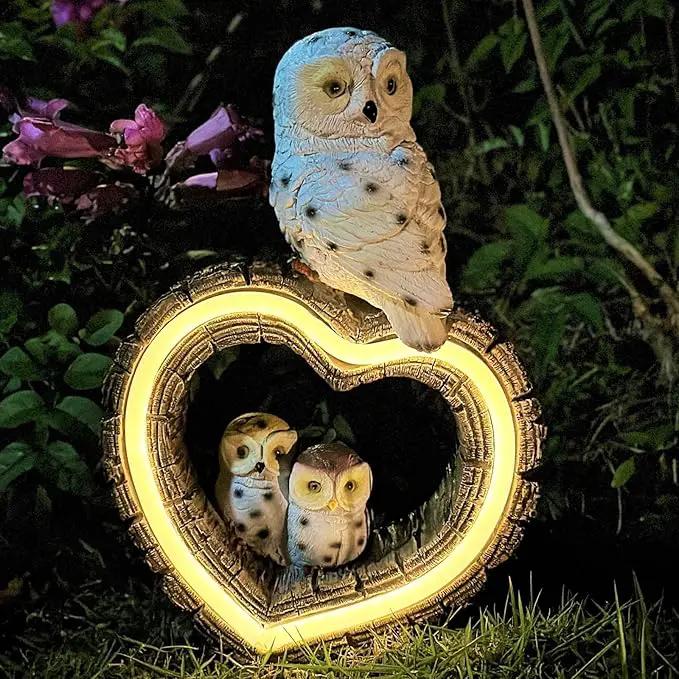 Solar Garden Lights, Solar Sculpture LED Lights, Outdoor Waterproof Handmade Resin Statue, Love Statue Decoration for Path, Yard, Lawn, Gift for Mom Christmas (White Love Owl) by GreenHaven Gardens