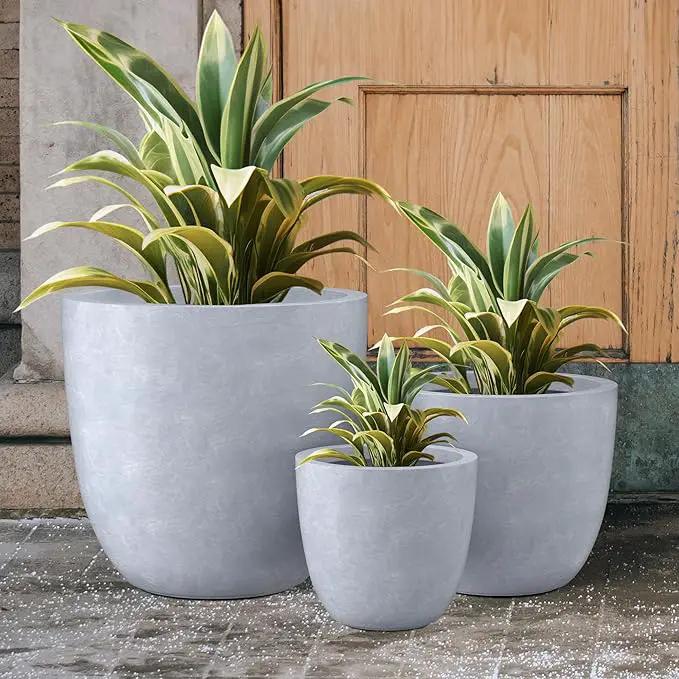 Kante 18",14",10" Dia Concrete Round Planters (Set of 3), Outdoor Indoor Large Planter Pots with Drainage Hole and Rubber Plug for Home Patio Garden, Slate Gray by GreenHaven Gardens
