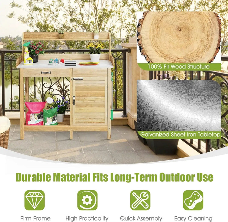 S AFSTAR Outdoor Potting Bench Table, Wooden Garden Work Station with Drawer, Storage Cabinet, Open Shelf, Side Hooks, Metal Tabletop Gardening Workbench, Potting Benches for Outside Backyard Balcony by GreenHaven Gardens