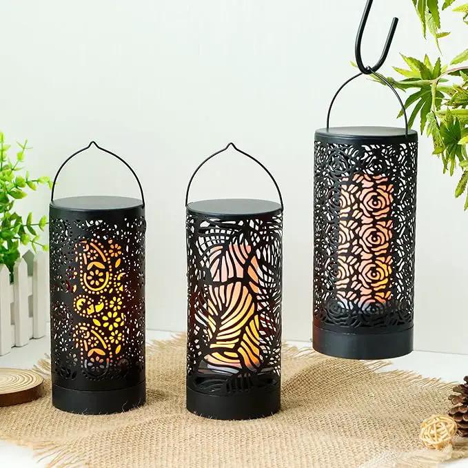 TRIROCKS Set of 3 LED Cordless Metal Lantern with Timer 7" H Moving Flame Lamp Battery Operated Breathing Lamp Floral Hollow LED Hanging Lighting for Indoor/Outdoor Patio Garden Party Gift by GreenHaven Gardens