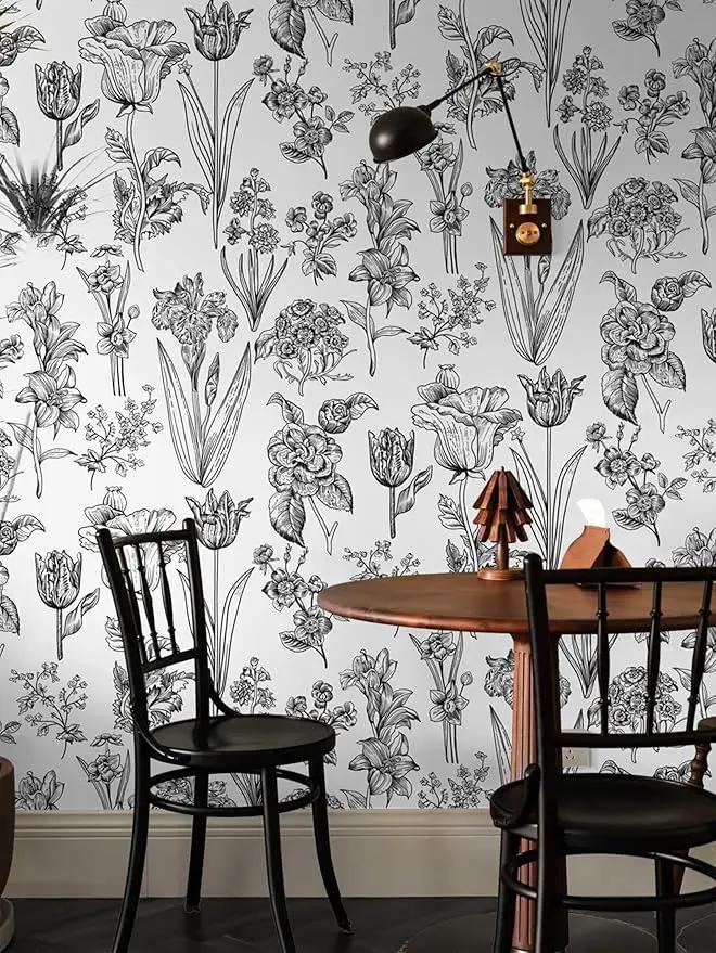 Dimoon 393"x17.3" Floral Peel and Stick Wallpaper White Contact Paper Waterproof Black Lines Wallpaper Vintage Flower Thicken Plant Self Adhesive Removable Wall Covering Shelf Liner Decal Vinyl Roll by GreenHaven Gardens