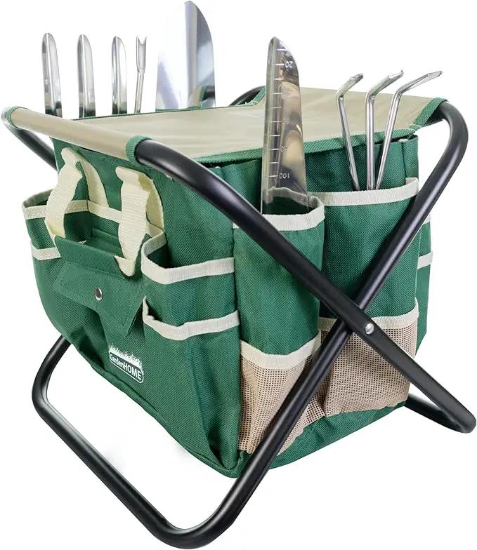 Gardening Tool Set, Stainless Steel 7-Piece Gardening Tools with Heavy-Duty Folding Stool and Detachable Canvas Tote Bag, Green and White, Ideal Gardening Gifts for Women and Men by GreenHaven Gardens