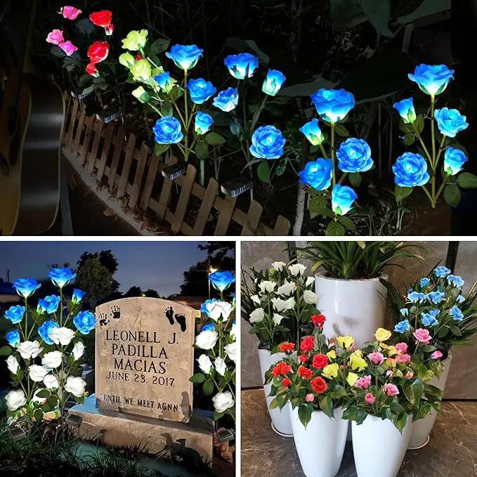 Solar Garden Lights, Solar Outdoor Lights with More Realistic 10 Rose Waterproof Solar Powered Flowers Lights for Outside Patio Yard Pathway Decorations, 2 Pack, Blue by GreenHaven Gardens