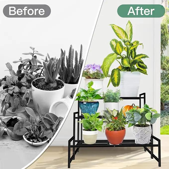 Plant Stand Indoor Outdoor, 3-Tier Wrought Iron Plant Stands, Stackable Metal Plant Shelf Decorative Outdoor Flower Stand Heavy Duty Pedestal Stands for Garden Deck Living Room, Black by GreenHaven Gardens